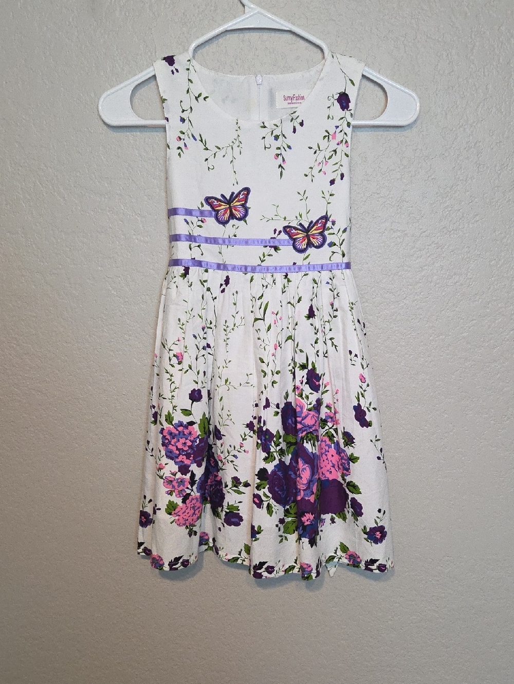 Sunny Fashion White Floral Butterfly Dress NWOT